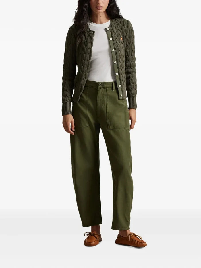RALPH LAUREN WOMEN Cable-Knit Cotton Crewneck Cardigan Harvest Olive
