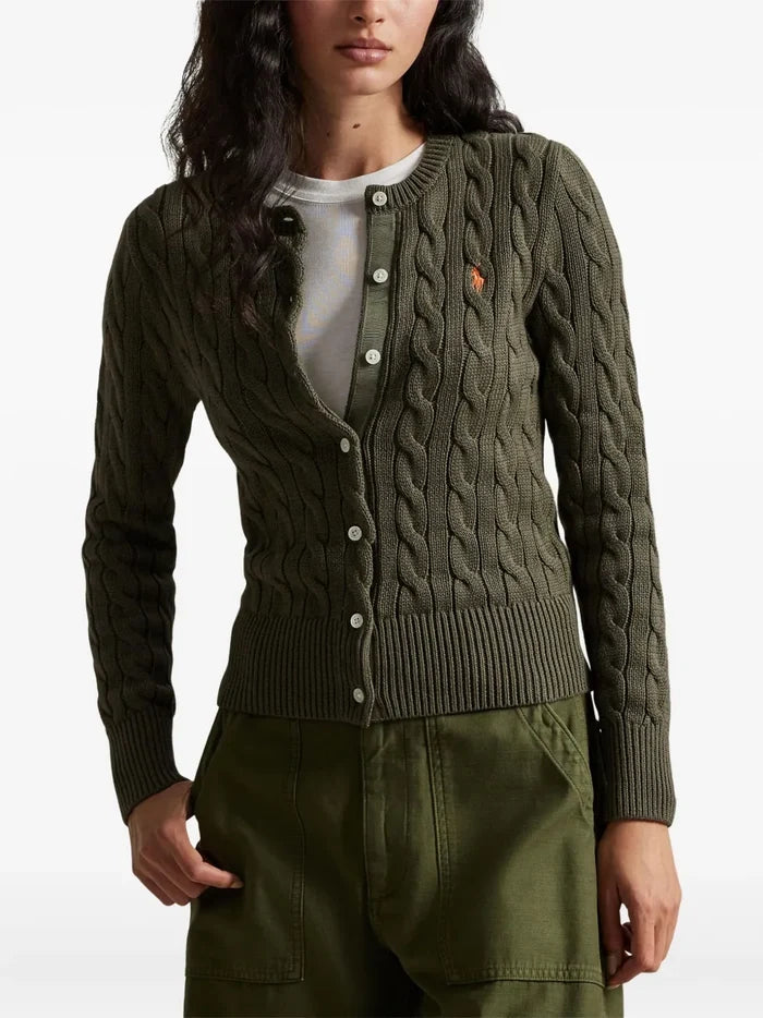 RALPH LAUREN WOMEN Cable-Knit Cotton Crewneck Cardigan Harvest Olive