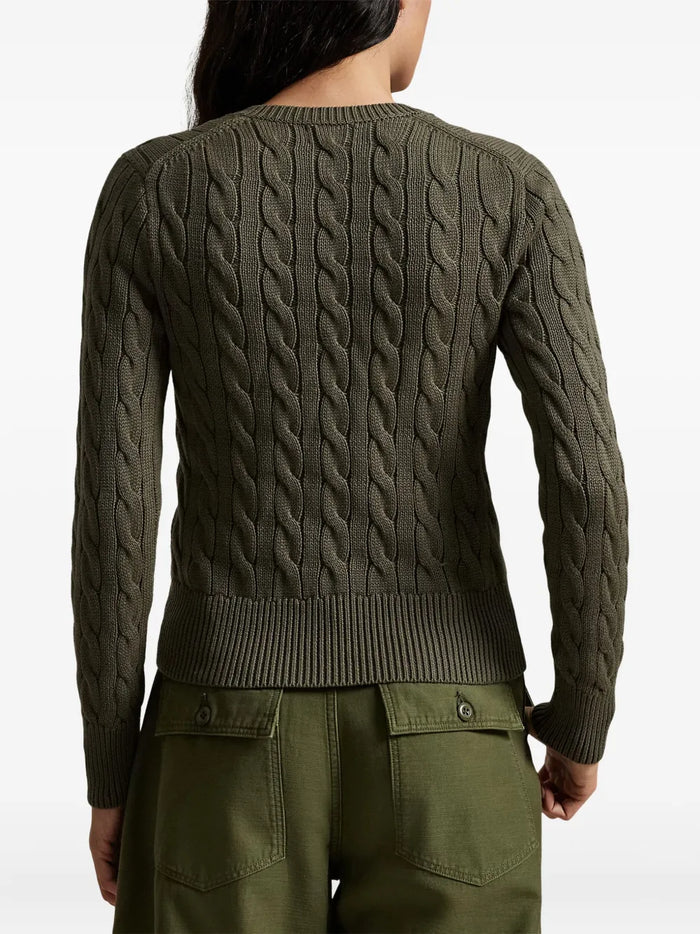 RALPH LAUREN WOMEN Cable-Knit Cotton Crewneck Cardigan Harvest Olive