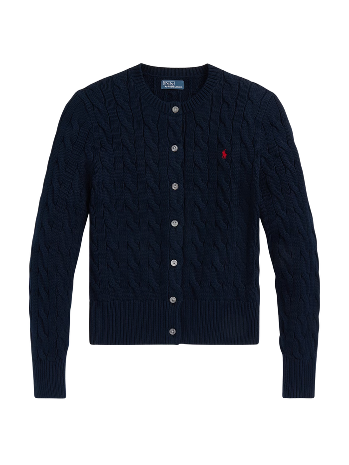 RALPH LAUREN WOMEN Cable-Knit Cotton Crewneck Cardigan Hunter Navy - MAISONDEFASHION.COM