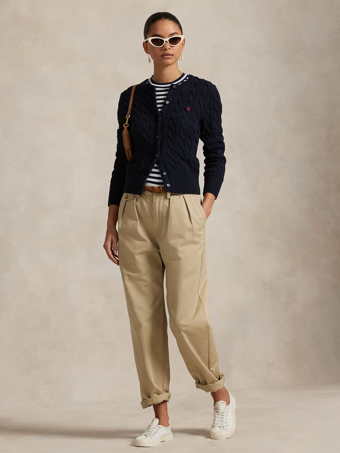 RALPH LAUREN WOMEN Cable-Knit Cotton Crewneck Cardigan Hunter Navy - MAISONDEFASHION.COM
