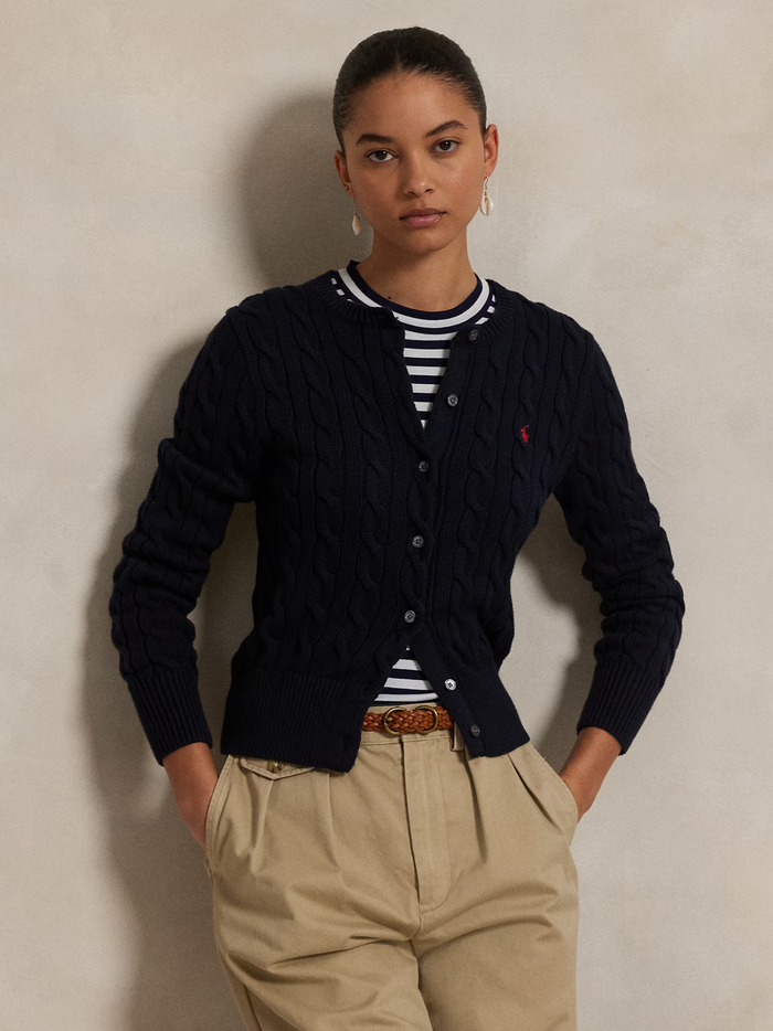 RALPH LAUREN WOMEN Cable-Knit Cotton Crewneck Cardigan Hunter Navy - MAISONDEFASHION.COM