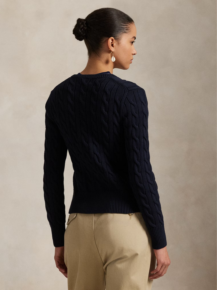RALPH LAUREN WOMEN Cable-Knit Cotton Crewneck Cardigan Hunter Navy - MAISONDEFASHION.COM