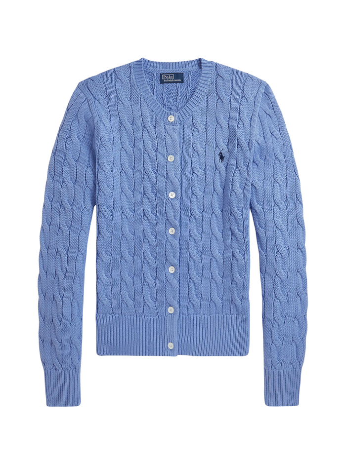 RALPH LAUREN WOMEN Cable-Knit Cotton Crewneck Cardigan New Litchfield Blue - MAISONDEFASHION.COM