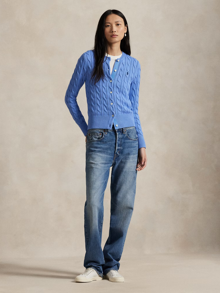 RALPH LAUREN WOMEN Cable-Knit Cotton Crewneck Cardigan New Litchfield Blue - MAISONDEFASHION.COM