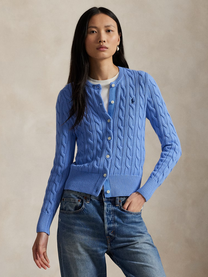 RALPH LAUREN WOMEN Cable-Knit Cotton Crewneck Cardigan New Litchfield Blue - MAISONDEFASHION.COM