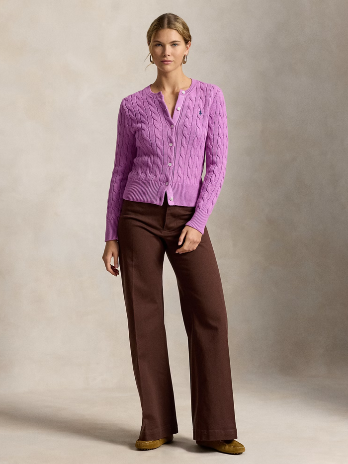 RALPH LAUREN WOMEN Cable-knit Cotton Crewneck Cardigan Thistle Pink