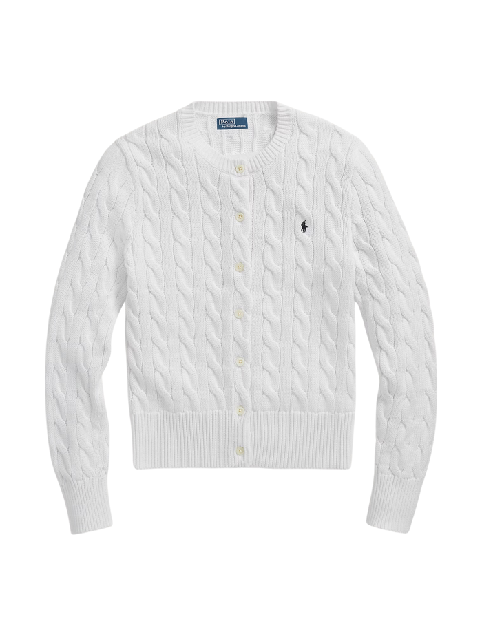 RALPH LAUREN WOMEN Cable-Knit Cotton Crewneck Cardigan White - MAISONDEFASHION.COM