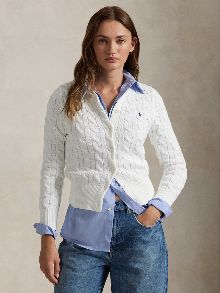 RALPH LAUREN WOMEN Cable-Knit Cotton Crewneck Cardigan White - MAISONDEFASHION.COM