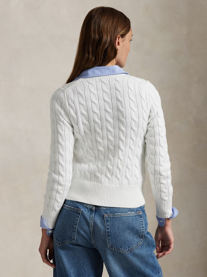 RALPH LAUREN WOMEN Cable-Knit Cotton Crewneck Cardigan White - MAISONDEFASHION.COM