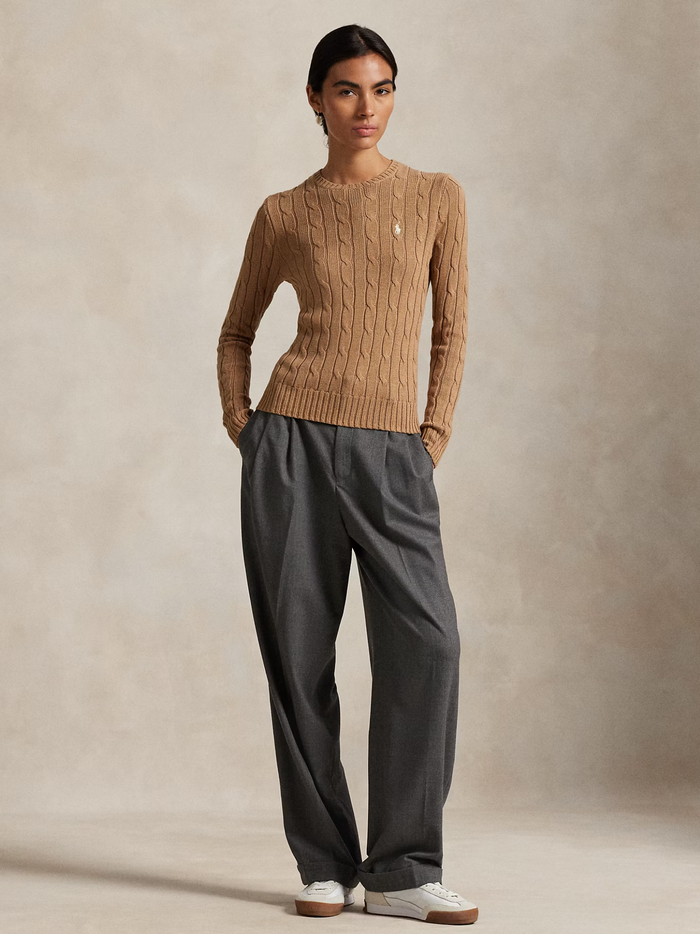 RALPH LAUREN WOMEN Cable-Knit Cotton Crewneck Jumper Collection Camel Melange - MAISONDEFASHION.COM