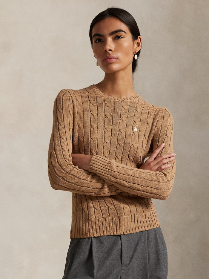 RALPH LAUREN WOMEN Cable-Knit Cotton Crewneck Jumper Collection Camel Melange - MAISONDEFASHION.COM