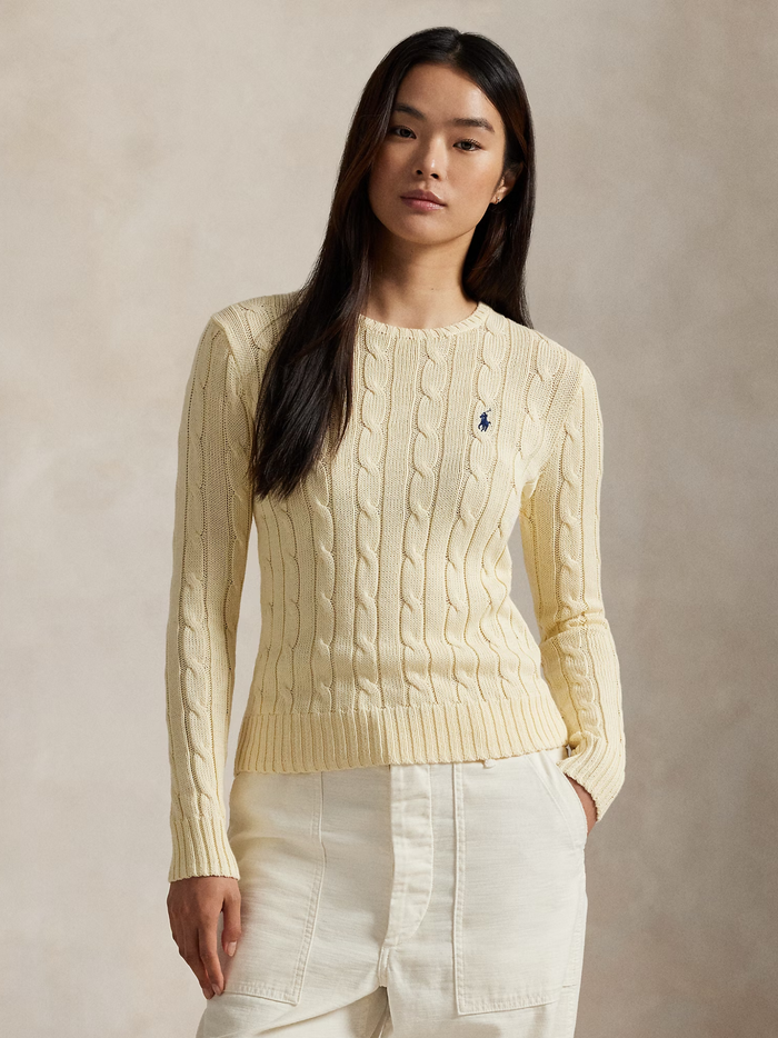 RALPH LAUREN WOMEN Cable-Knit Cotton Crewneck Jumper Cream - MAISONDEFASHION.COM