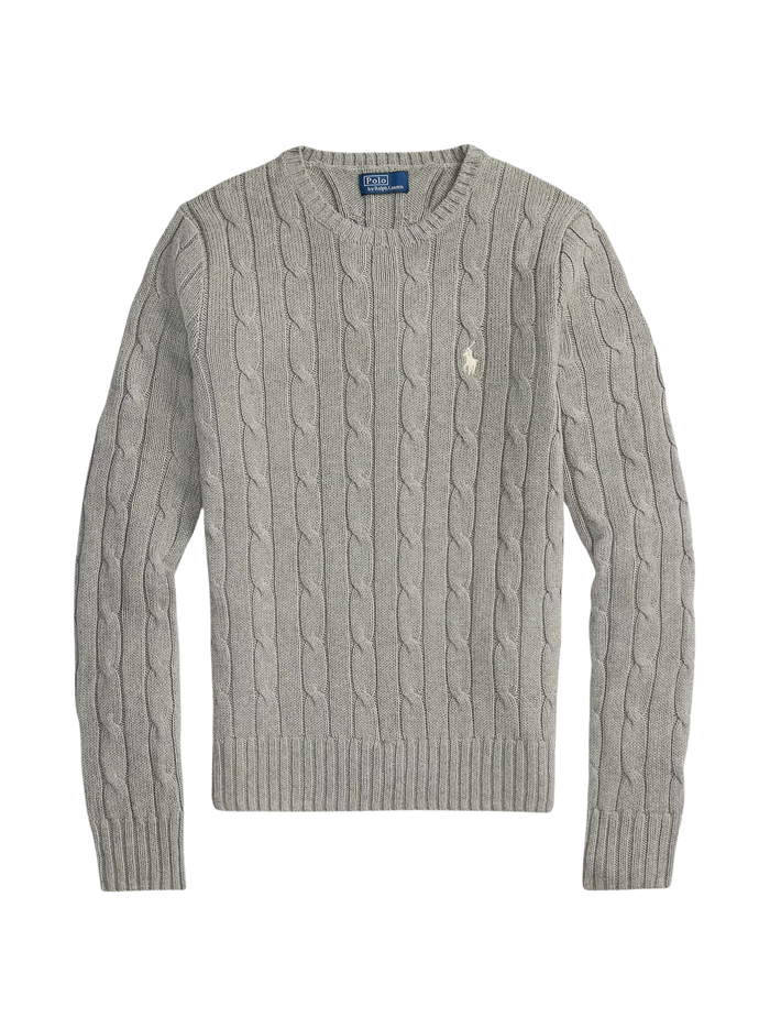 RALPH LAUREN WOMEN Cable-Knit Cotton Crewneck Jumper Fawn Grey Heather - MAISONDEFASHION.COM