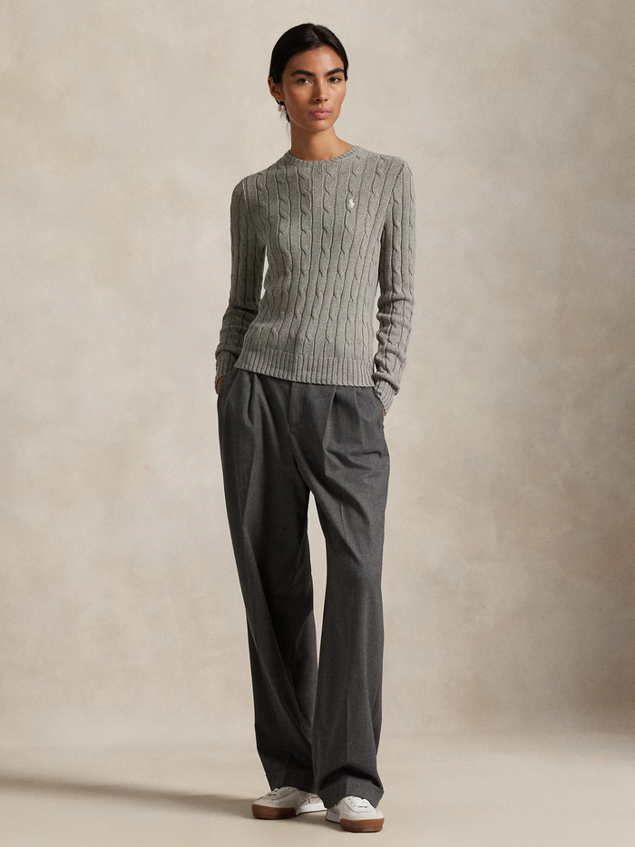 RALPH LAUREN WOMEN Cable-Knit Cotton Crewneck Jumper Fawn Grey Heather - MAISONDEFASHION.COM