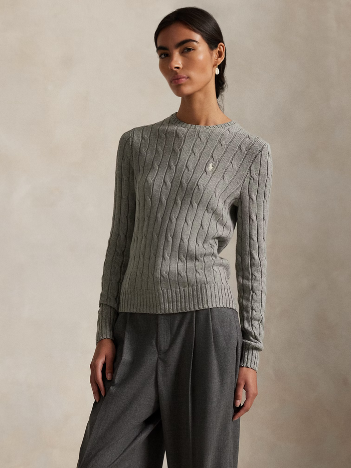 RALPH LAUREN WOMEN Cable-Knit Cotton Crewneck Jumper Fawn Grey Heather - MAISONDEFASHION.COM