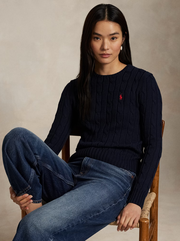 RALPH LAUREN WOMEN Cable-Knit Cotton Crewneck Jumper Hunter Navy - MAISONDEFASHION.COM