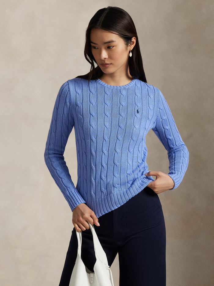 RALPH LAUREN WOMEN Cable-Knit Cotton Crewneck Jumper New Litchfield Blue - MAISONDEFASHION.COM