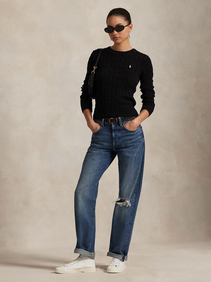 RALPH LAUREN WOMEN Cable-Knit Cotton Crewneck Jumper Polo Black - MAISONDEFASHION.COM