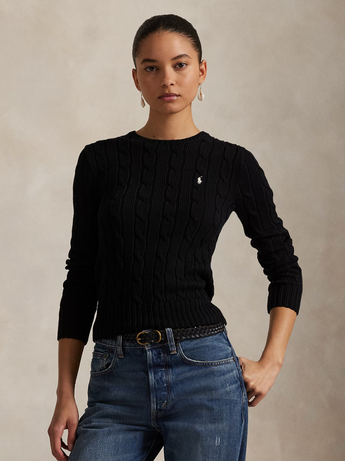 RALPH LAUREN WOMEN Cable-Knit Cotton Crewneck Jumper Polo Black - MAISONDEFASHION.COM