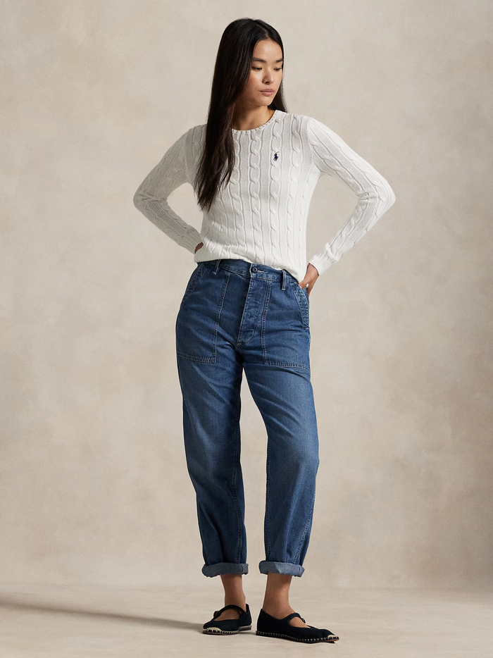 RALPH LAUREN WOMEN Cable-Knit Cotton Crewneck Jumper White - MAISONDEFASHION.COM