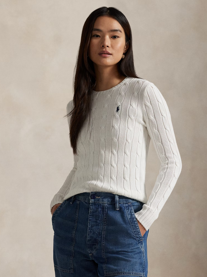 RALPH LAUREN WOMEN Cable-Knit Cotton Crewneck Jumper White - MAISONDEFASHION.COM
