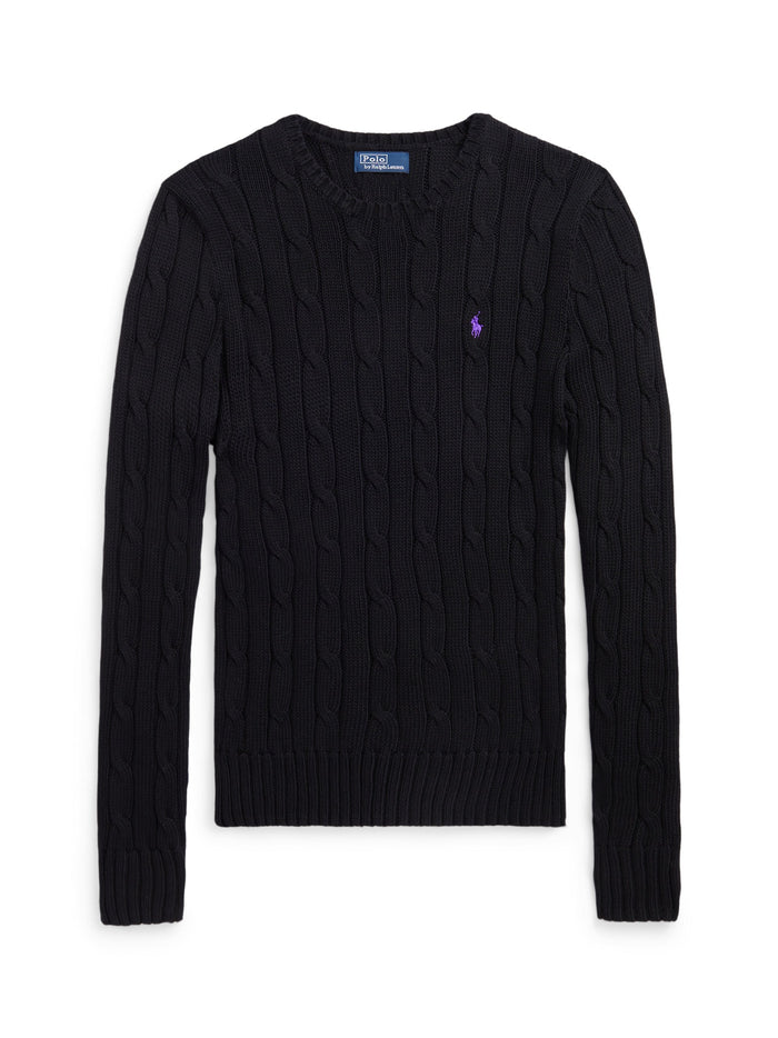 RALPH LAUREN WOMEN Cable-Knit Cotton Crewneck Sweater Polo Black