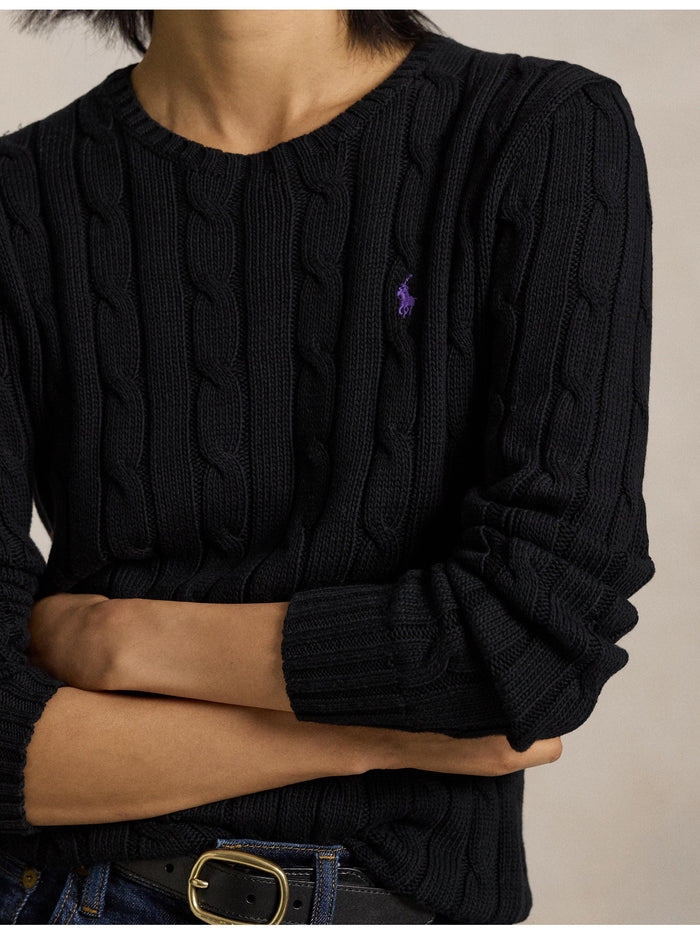 RALPH LAUREN WOMEN Cable-Knit Cotton Crewneck Sweater Polo Black