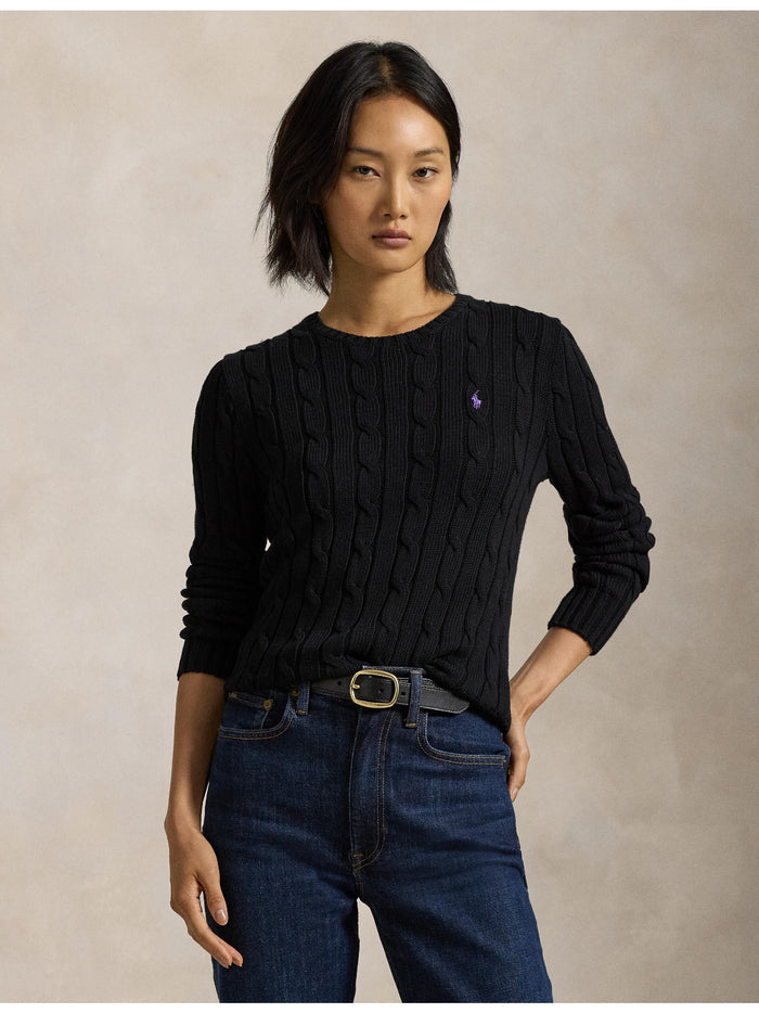 RALPH LAUREN WOMEN Cable-Knit Cotton Crewneck Sweater Polo Black