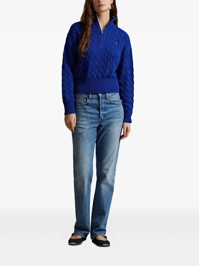 RALPH LAUREN WOMEN Cable-knit Cotton Quarter-zip Sweater Sporting Royal