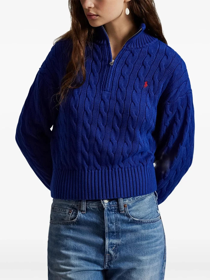 RALPH LAUREN WOMEN Cable-knit Cotton Quarter-zip Sweater Sporting Royal