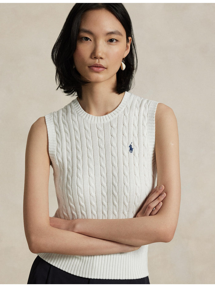 RALPH LAUREN WOMEN Cable-Knit Cotton Sweater Vest White