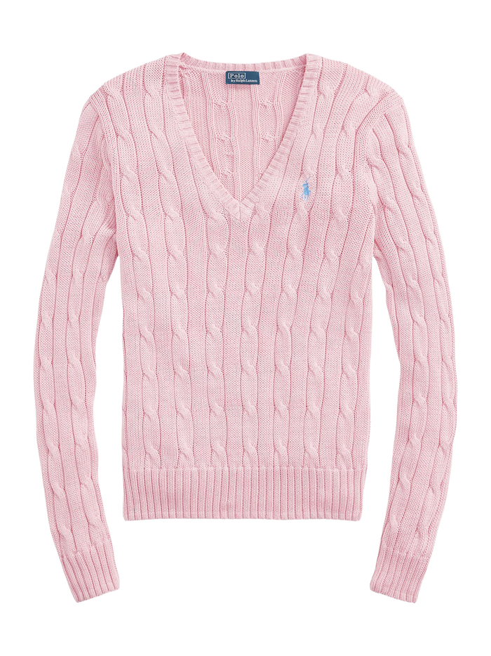 RALPH LAUREN WOMEN Cable-Knit Cotton V-Neck Jumper Carmel Pink - MAISONDEFASHION.COM