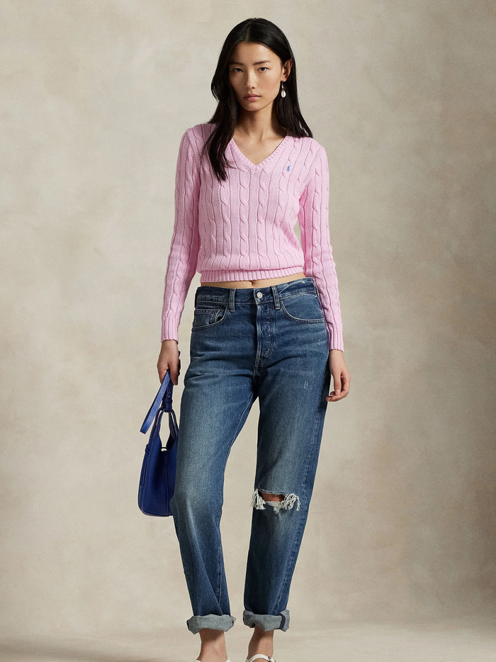 RALPH LAUREN WOMEN Cable-Knit Cotton V-Neck Jumper Carmel Pink - MAISONDEFASHION.COM