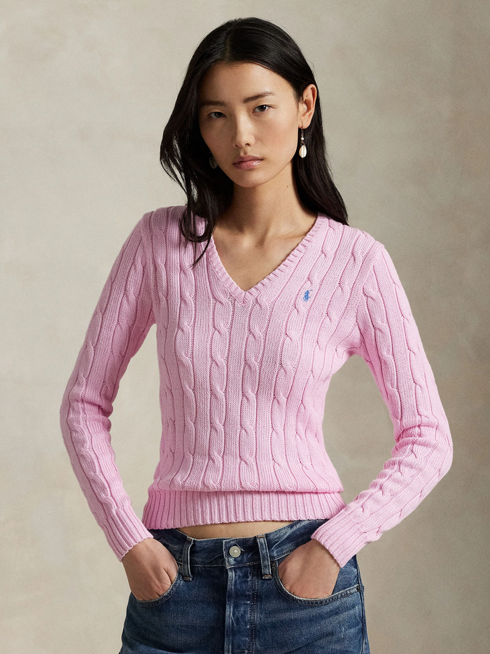 RALPH LAUREN WOMEN Cable-Knit Cotton V-Neck Jumper Carmel Pink - MAISONDEFASHION.COM