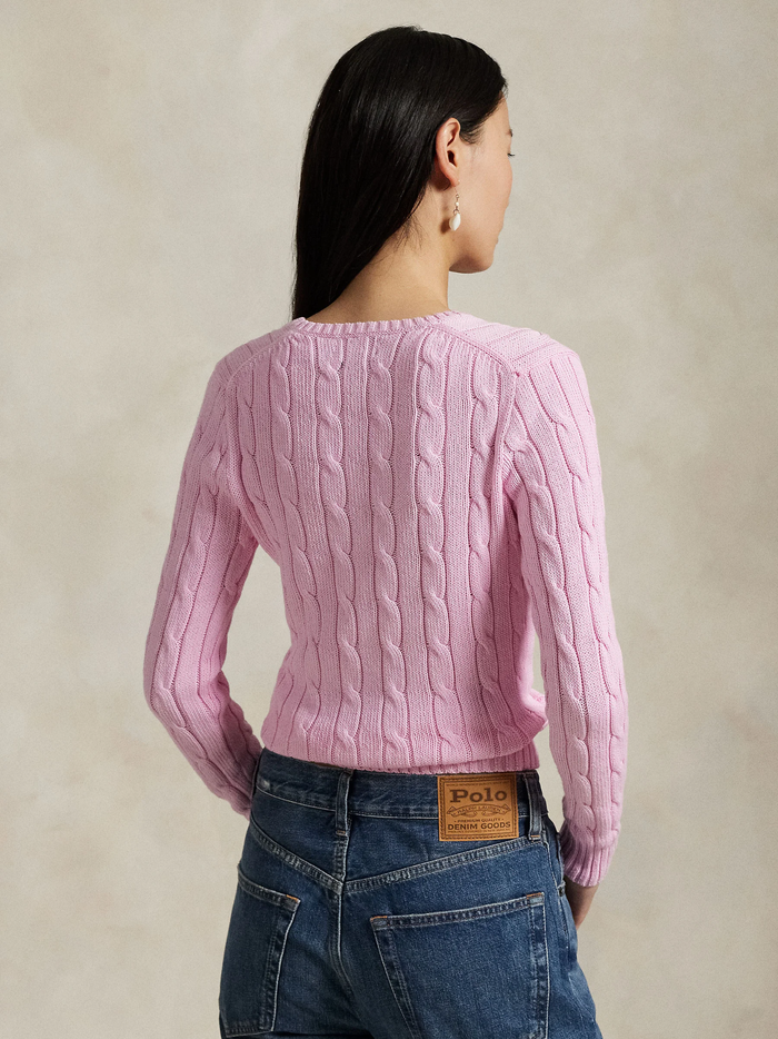RALPH LAUREN WOMEN Cable-Knit Cotton V-Neck Jumper Carmel Pink - MAISONDEFASHION.COM