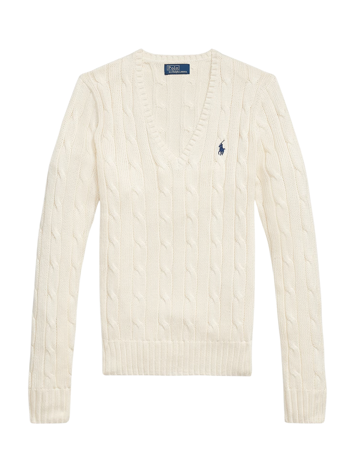 RALPH LAUREN WOMEN Cable-Knit Cotton V-Neck Jumper Cream - MAISONDEFASHION.COM