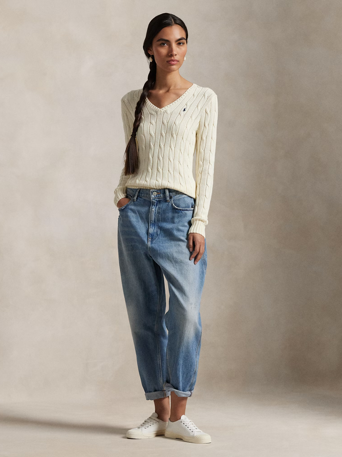 RALPH LAUREN WOMEN Cable-Knit Cotton V-Neck Jumper Cream - MAISONDEFASHION.COM