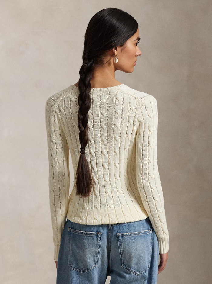 RALPH LAUREN WOMEN Cable-Knit Cotton V-Neck Jumper Cream - MAISONDEFASHION.COM