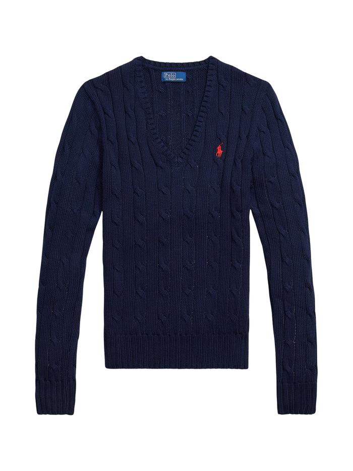 RALPH LAUREN WOMEN Cable-Knit Cotton V-Neck Jumper Hunter Navy - MAISONDEFASHION.COM