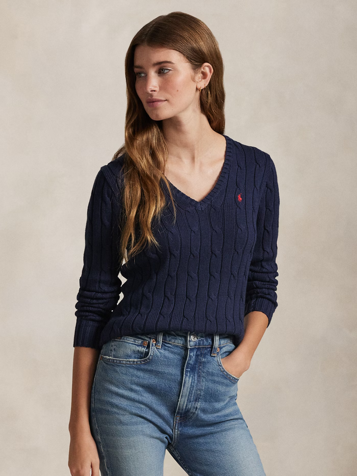 RALPH LAUREN WOMEN Cable-Knit Cotton V-Neck Jumper Hunter Navy - MAISONDEFASHION.COM