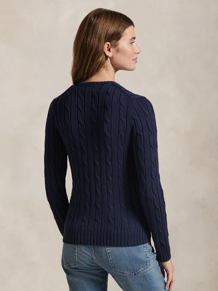 RALPH LAUREN WOMEN Cable-Knit Cotton V-Neck Jumper Hunter Navy - MAISONDEFASHION.COM