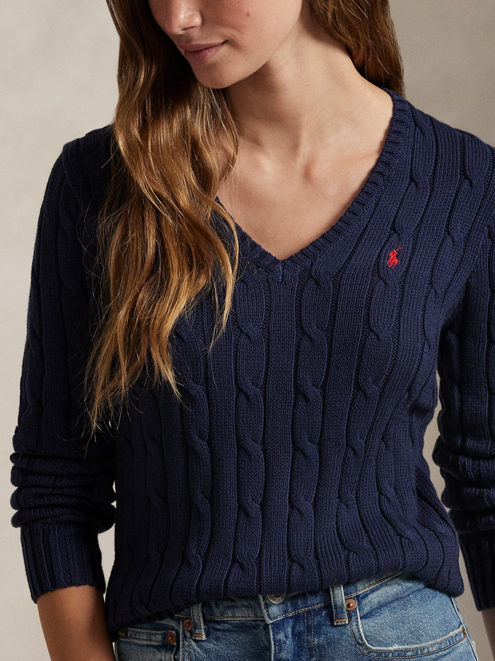 RALPH LAUREN WOMEN Cable-Knit Cotton V-Neck Jumper Hunter Navy - MAISONDEFASHION.COM