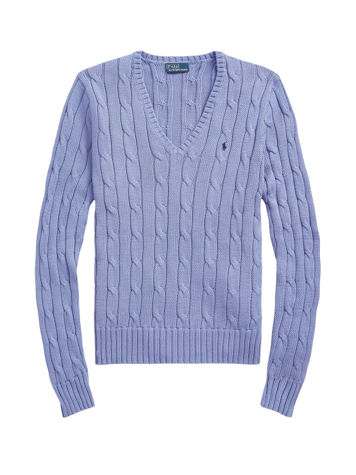 RALPH LAUREN WOMEN Cable-Knit Cotton V-Neck Jumper New Litchfield Blue - MAISONDEFASHION.COM