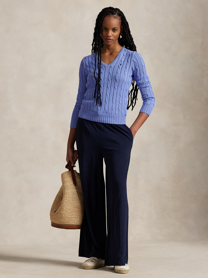 RALPH LAUREN WOMEN Cable-Knit Cotton V-Neck Jumper New Litchfield Blue - MAISONDEFASHION.COM