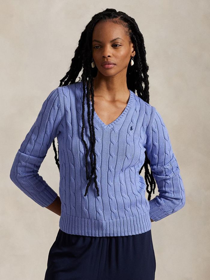 RALPH LAUREN WOMEN Cable-Knit Cotton V-Neck Jumper New Litchfield Blue - MAISONDEFASHION.COM