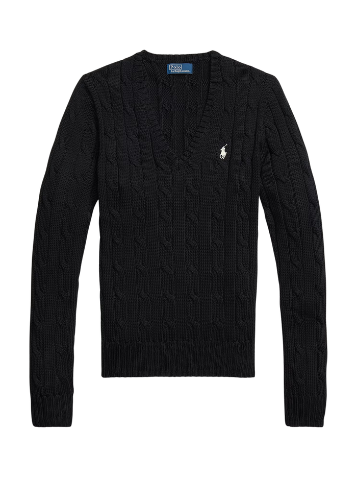 RALPH LAUREN WOMEN Cable-Knit Cotton V-Neck Jumper Polo Black - MAISONDEFASHION.COM