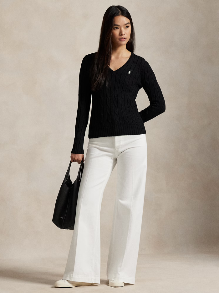 RALPH LAUREN WOMEN Cable-Knit Cotton V-Neck Jumper Polo Black - MAISONDEFASHION.COM