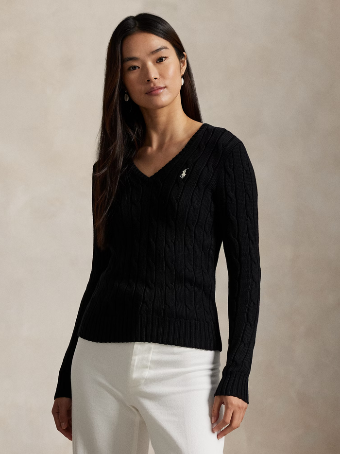 RALPH LAUREN WOMEN Cable-Knit Cotton V-Neck Jumper Polo Black - MAISONDEFASHION.COM