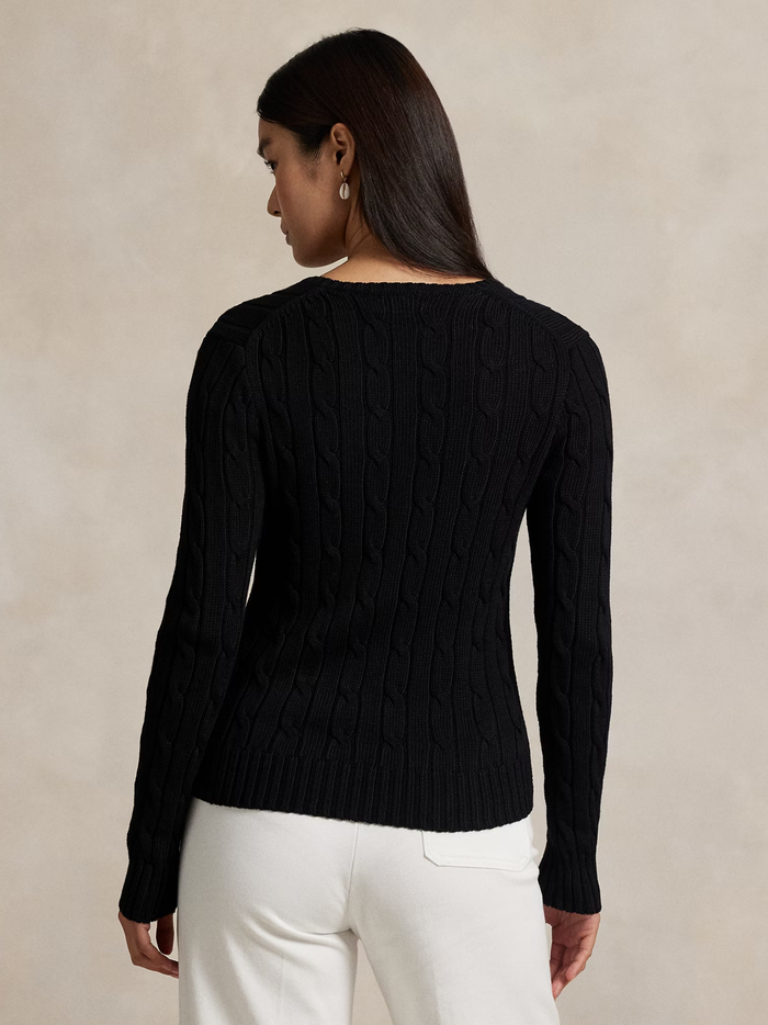 RALPH LAUREN WOMEN Cable-Knit Cotton V-Neck Jumper Polo Black - MAISONDEFASHION.COM